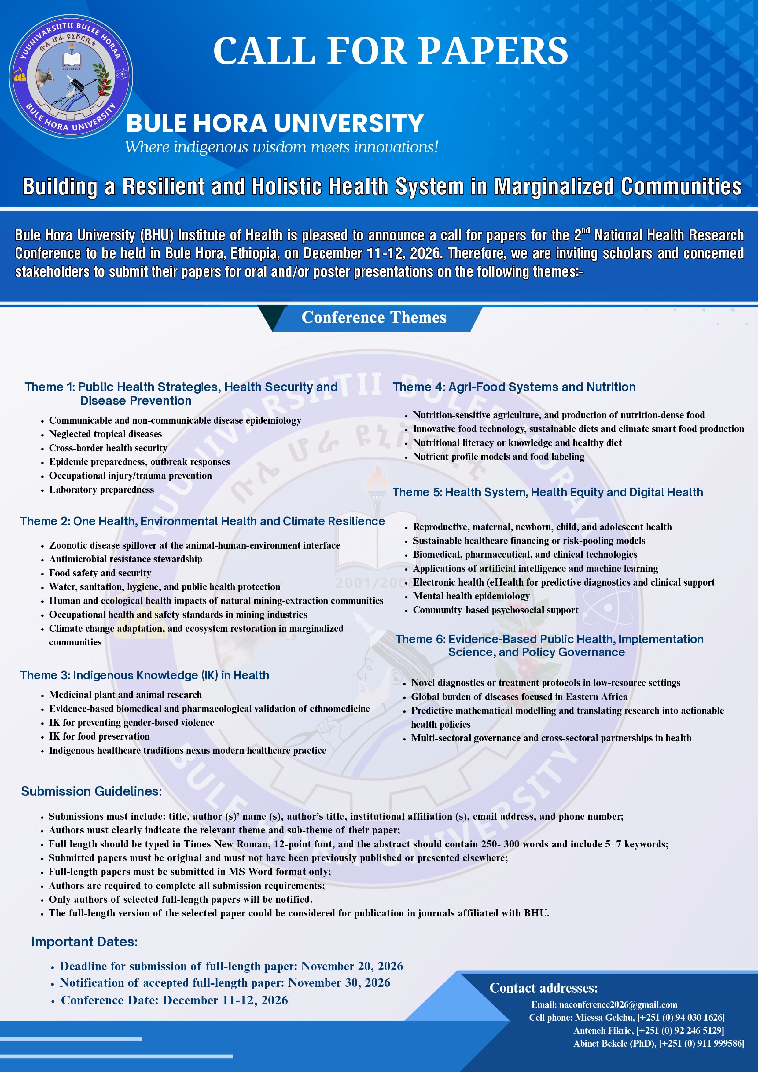 BULE HORA UNIVERSITY ANNOUNCES CALL FOR PAPERS FOR THE 2ND NATIONAL HEALTH RESEARCH CONFERENCE 2026